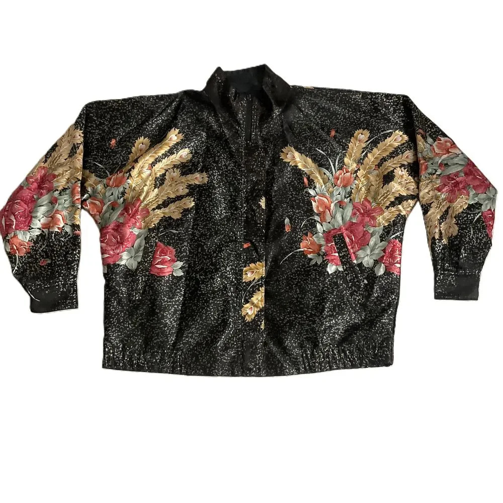 Vintage Black Gold Reversible Floral Bomber‎ Jacket Womens Large